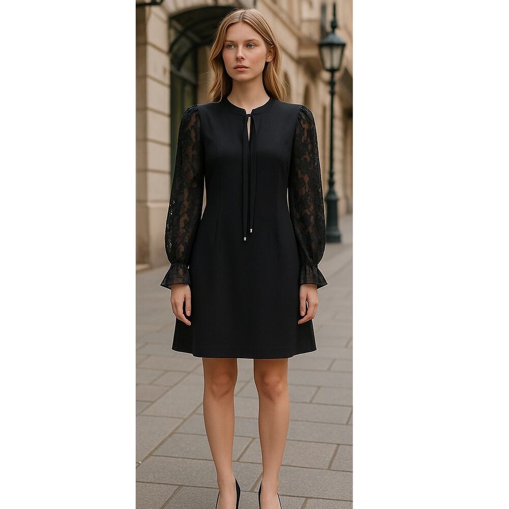 Tommy Hilfiger Black Sheath Dress w/ Sheer Textured Puff Sleeves Size 2 NWT